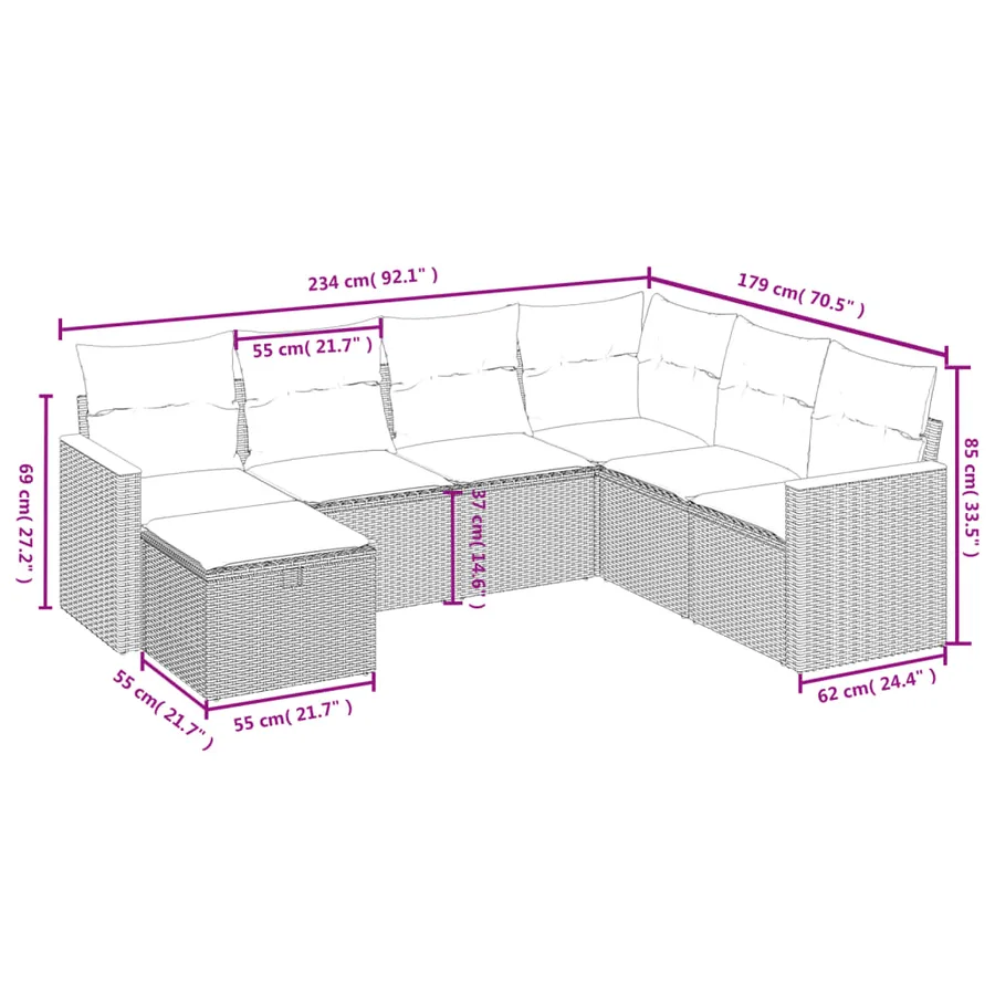 Salon de jardin 7 pcs avec coussins noir résine tressée 62 x 62 x 69 cm - 55,0 kg - 4