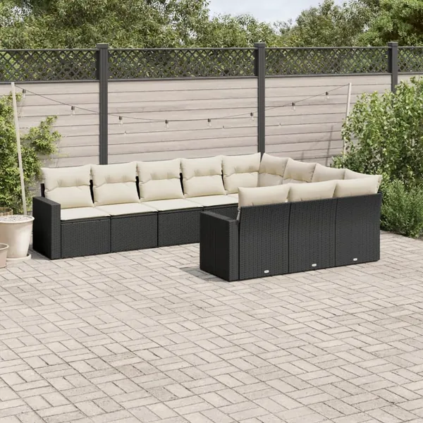 Salon de jardin 10 pcs avec coussins noir résine tressée