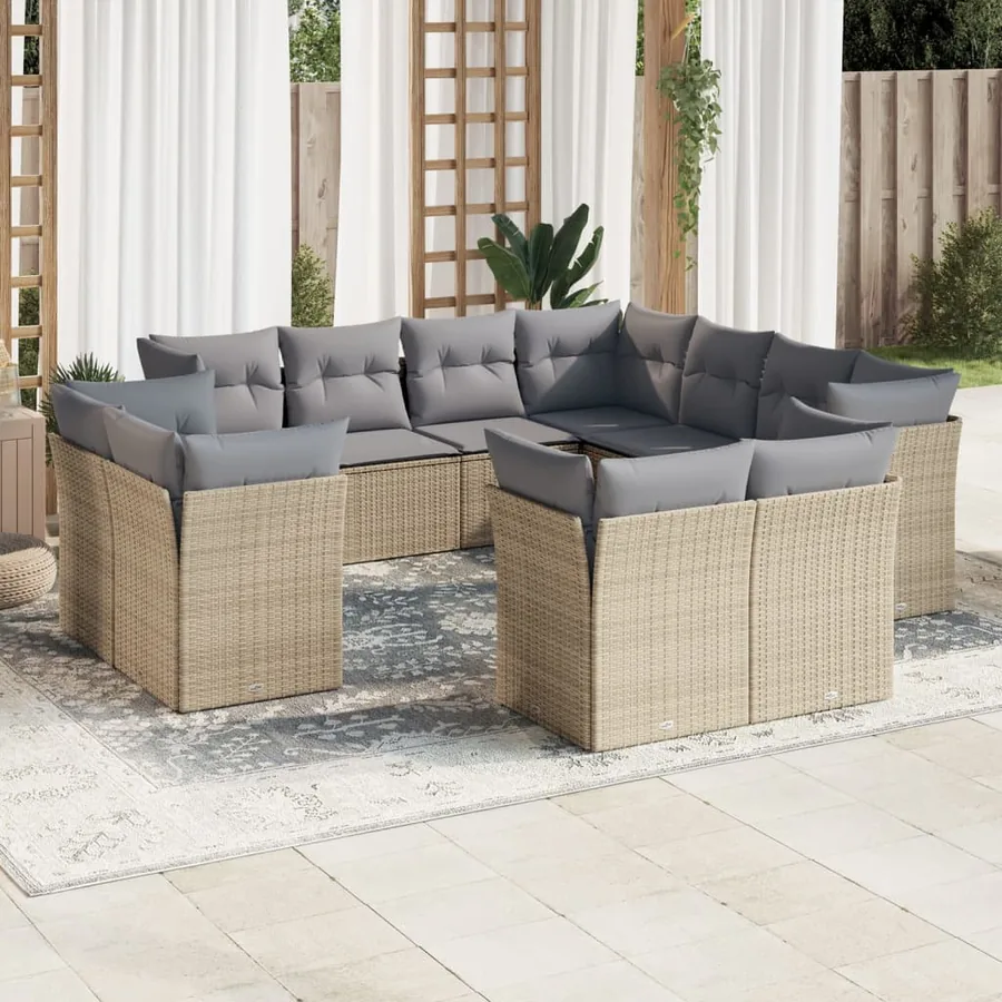 Salon de jardin 11 pcs avec coussins beige résine tressée
