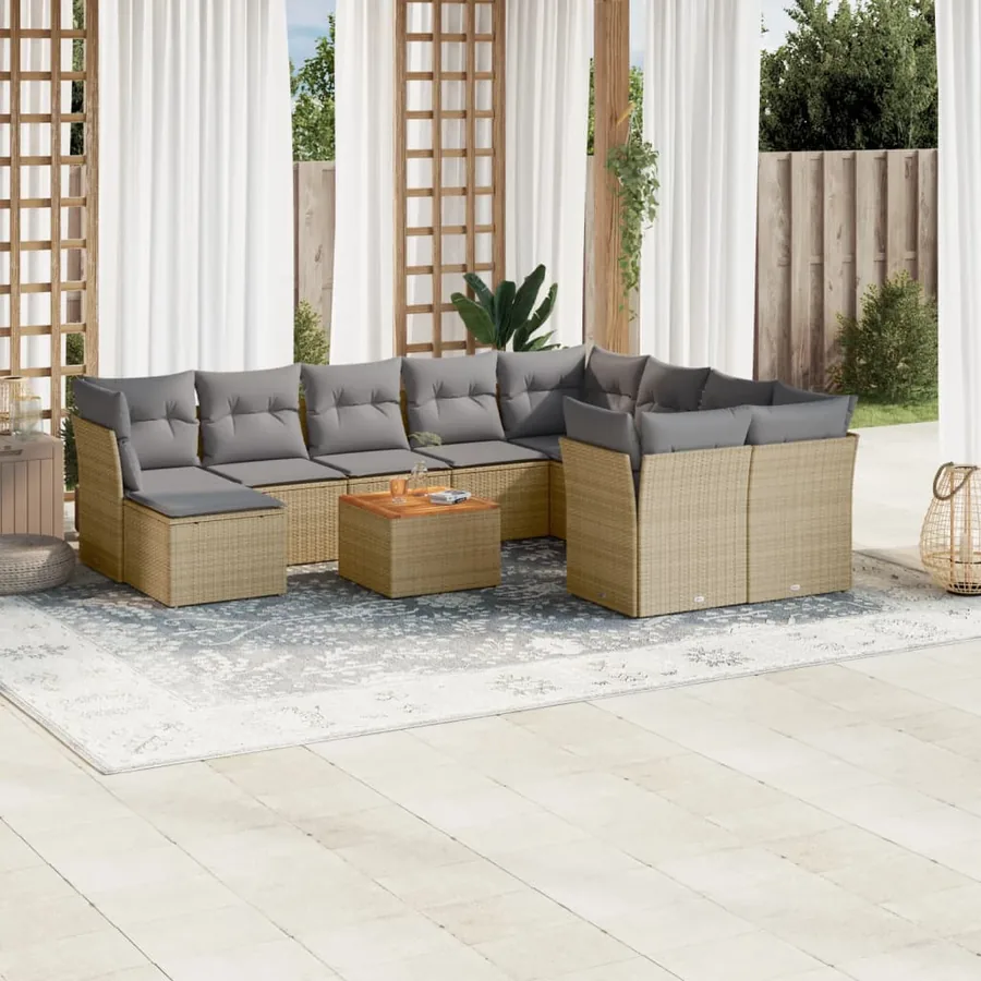 Salon de jardin 11 pcs avec coussins beige résine tressée
