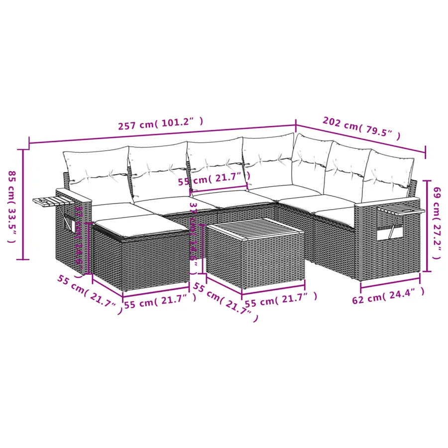Salon de jardin 8 pcs avec coussins noir résine tressée - 10