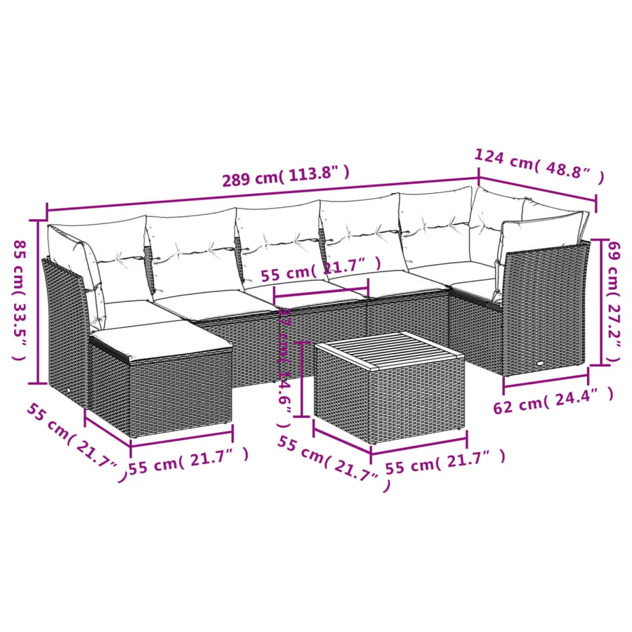 Salon de jardin 8 pcs avec coussins noir résine tressée - 3