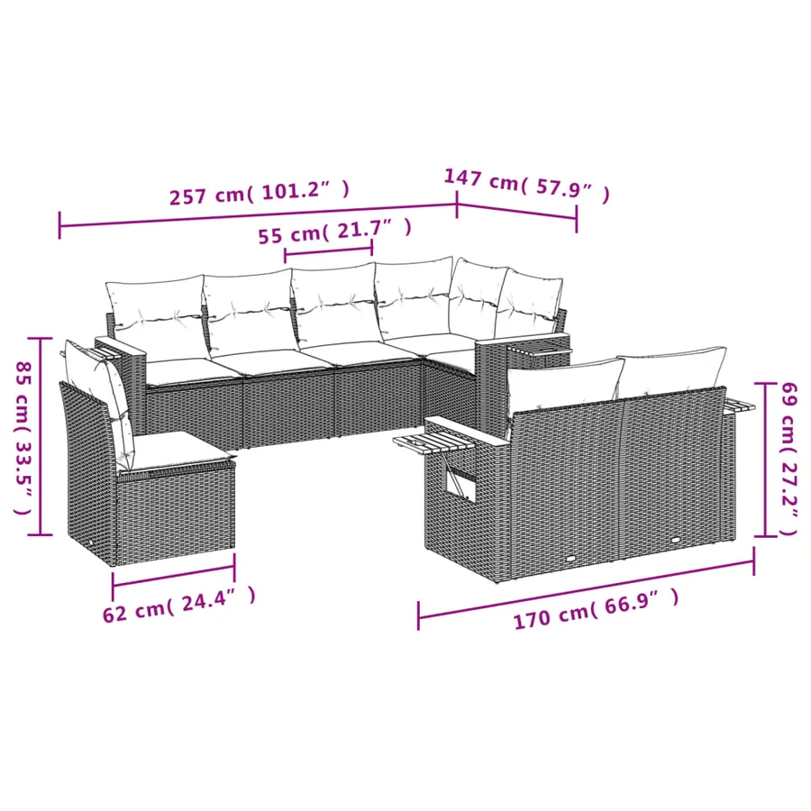 Salon de jardin avec coussins 8 pcs beige résine tressée - 8