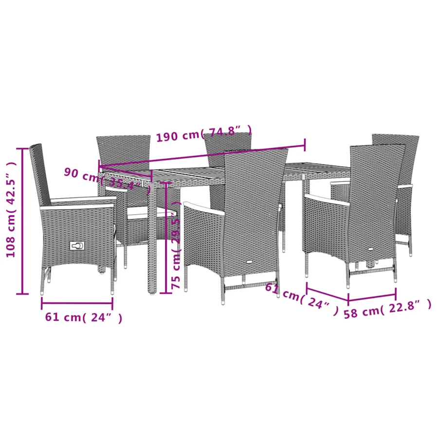 Ensemble à manger de jardin coussins 7pcs Noir Résine tressée - 5