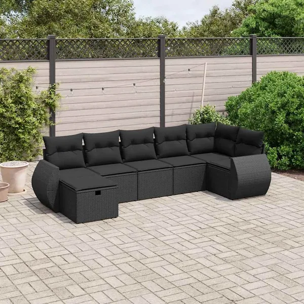 Salon de jardin 7 pcs avec coussins noir résine tressée 62 x 62 x 69 cm - 54,7 kg