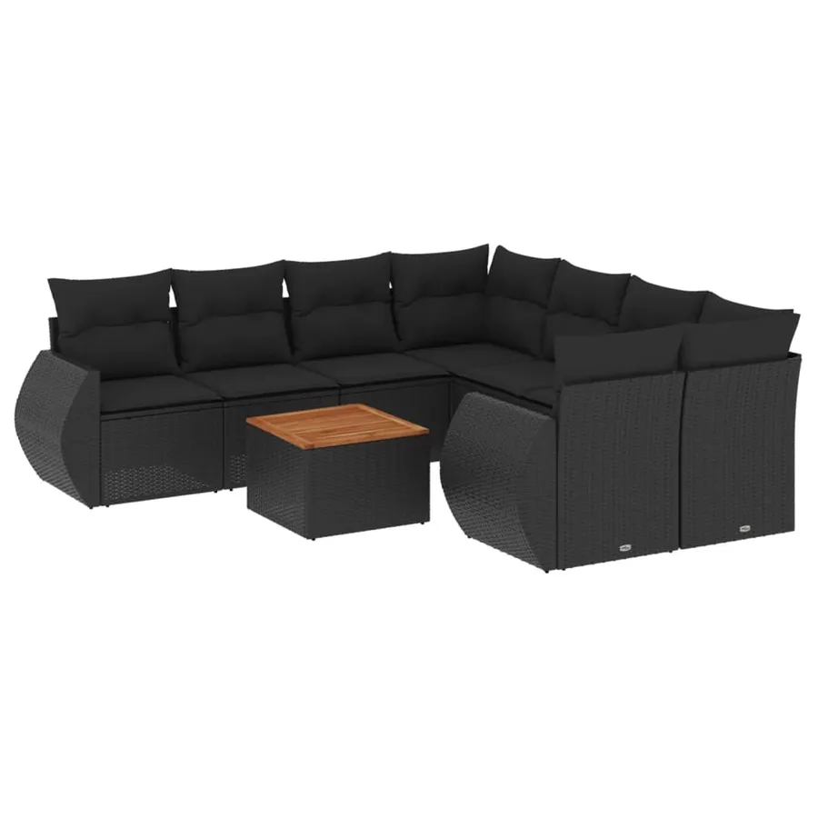 Salon de jardin 9 pcs avec coussins noir résine tressée - 2