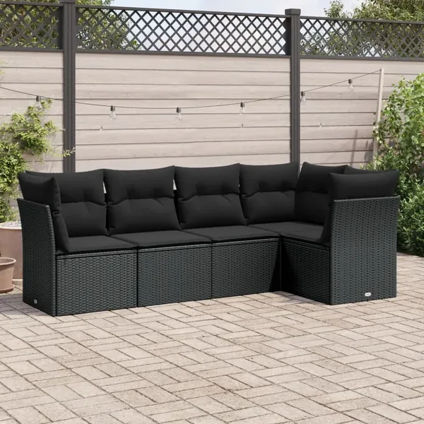 Salon de jardin 5 pcs avec coussins noir résine tressée