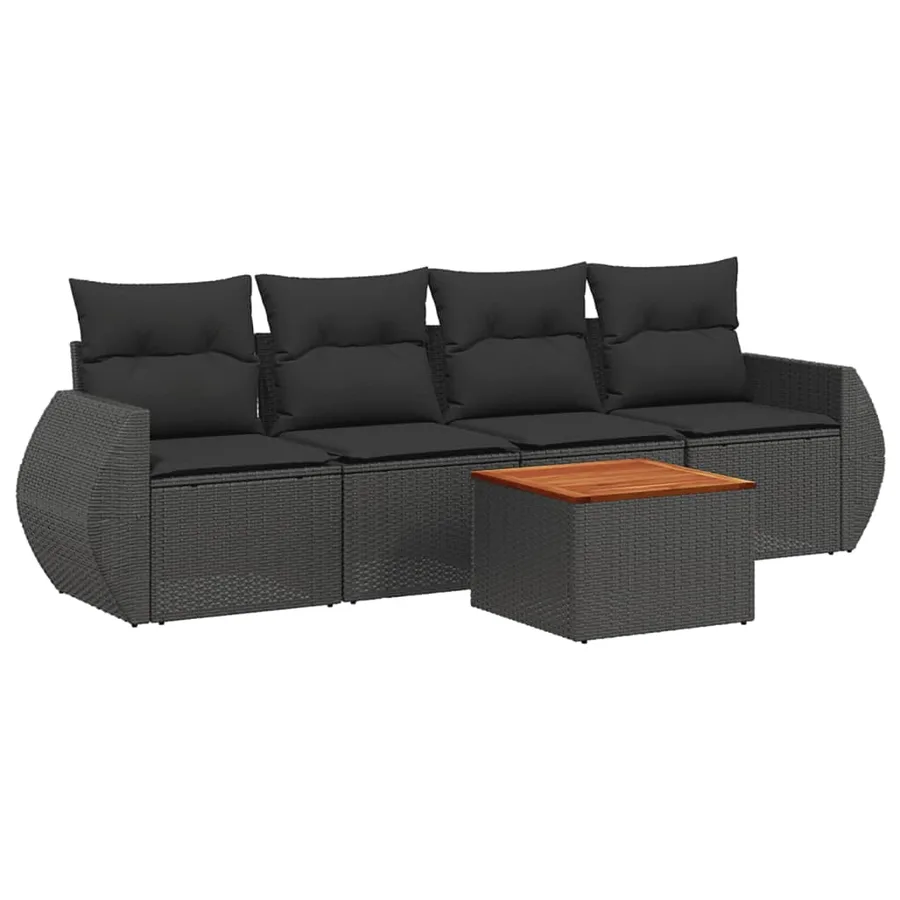 Salon de jardin 5 pcs avec coussins noir résine tressée - 2