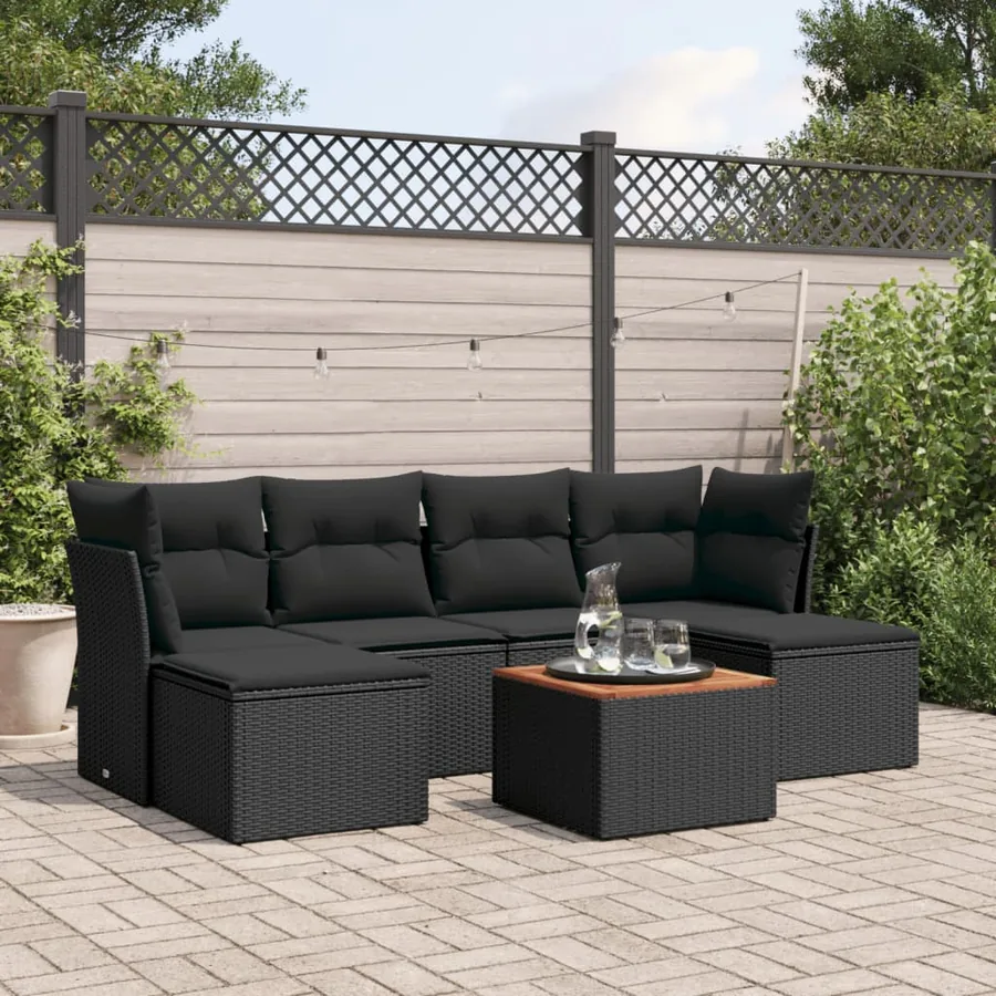 Salon de jardin 7 pcs avec coussins noir résine tressée 62 x 62 x 69 cm - 52,7 kg