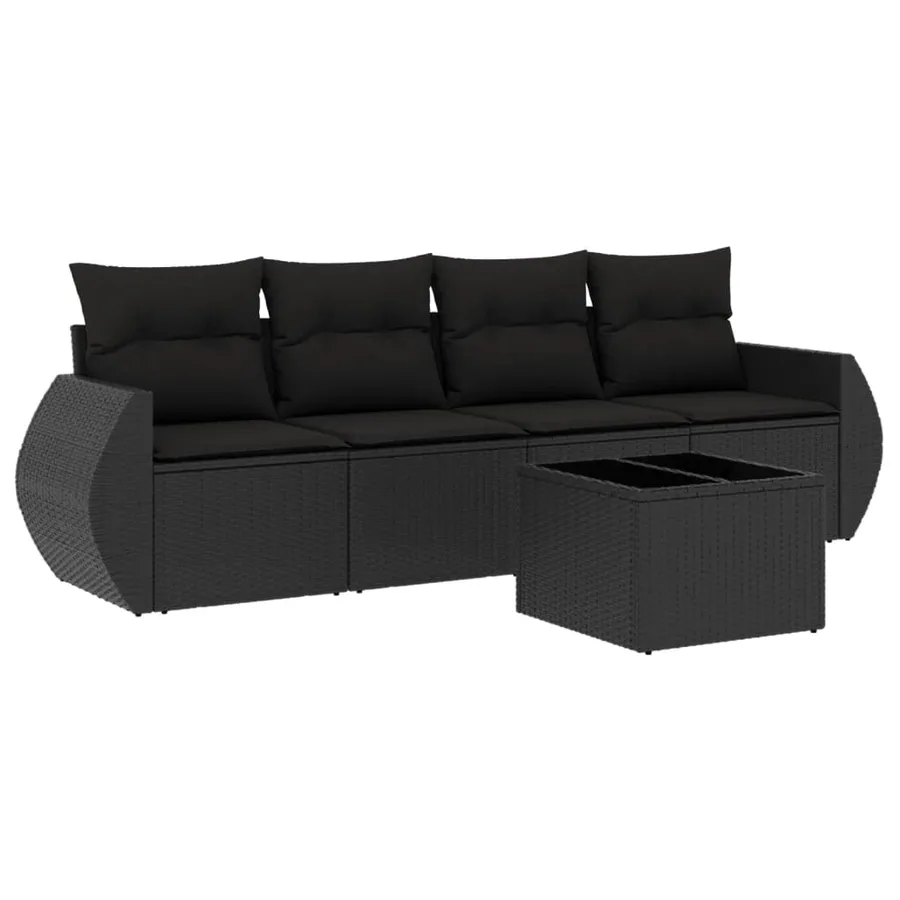 Salon de jardin 5 pcs avec coussins noir résine tressée - 2