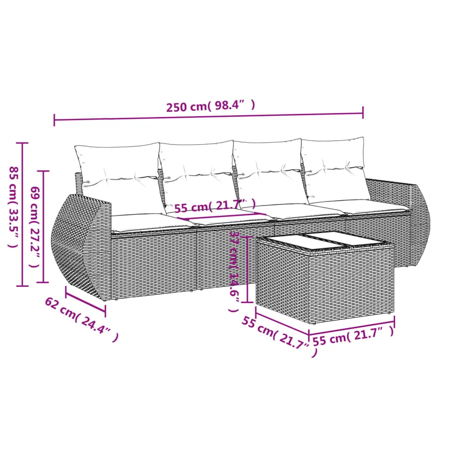 Salon de jardin 5 pcs avec coussins noir résine tressée - 3