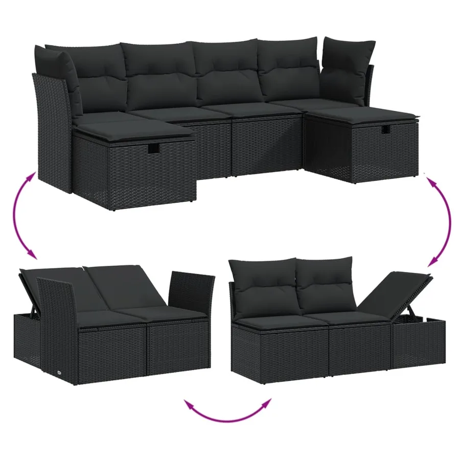 Salon de jardin 6 pcs avec coussins noir résine tressée - 3