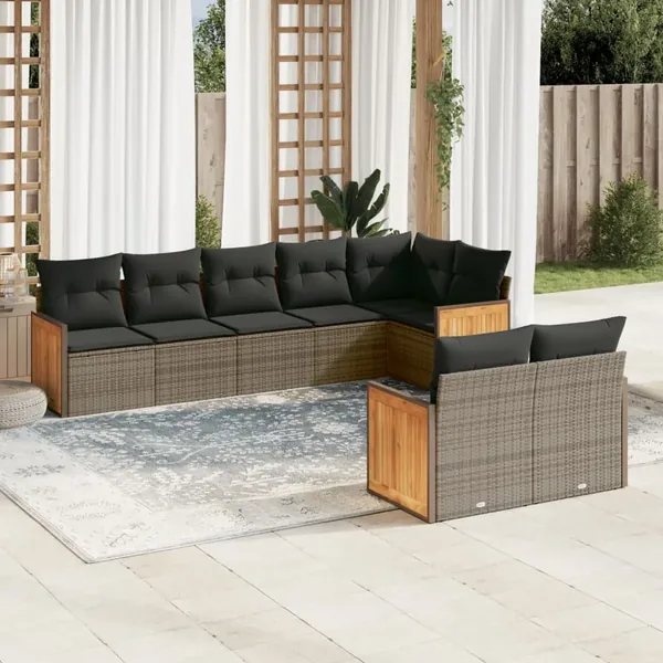 Salon de jardin 8 pcs avec coussins gris résine tressée