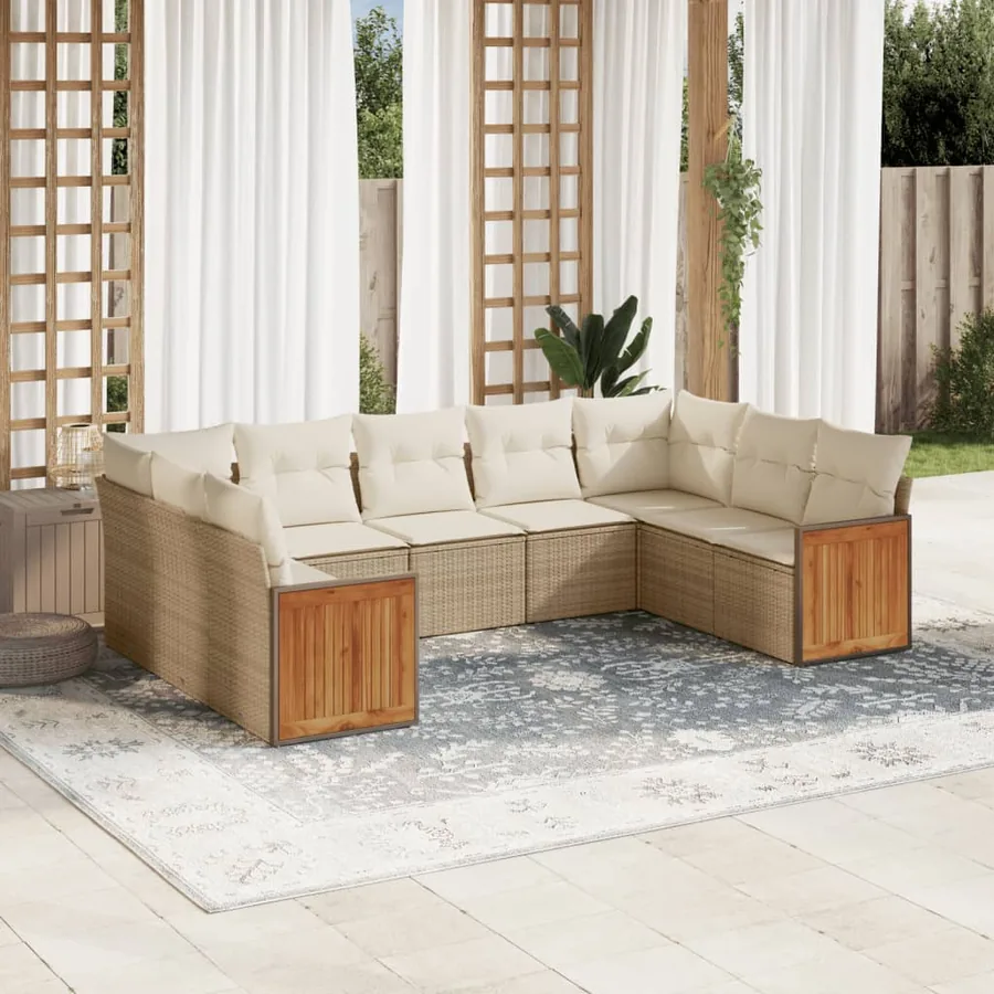 Salon de jardin 9 pcs avec coussins gris résine tressée