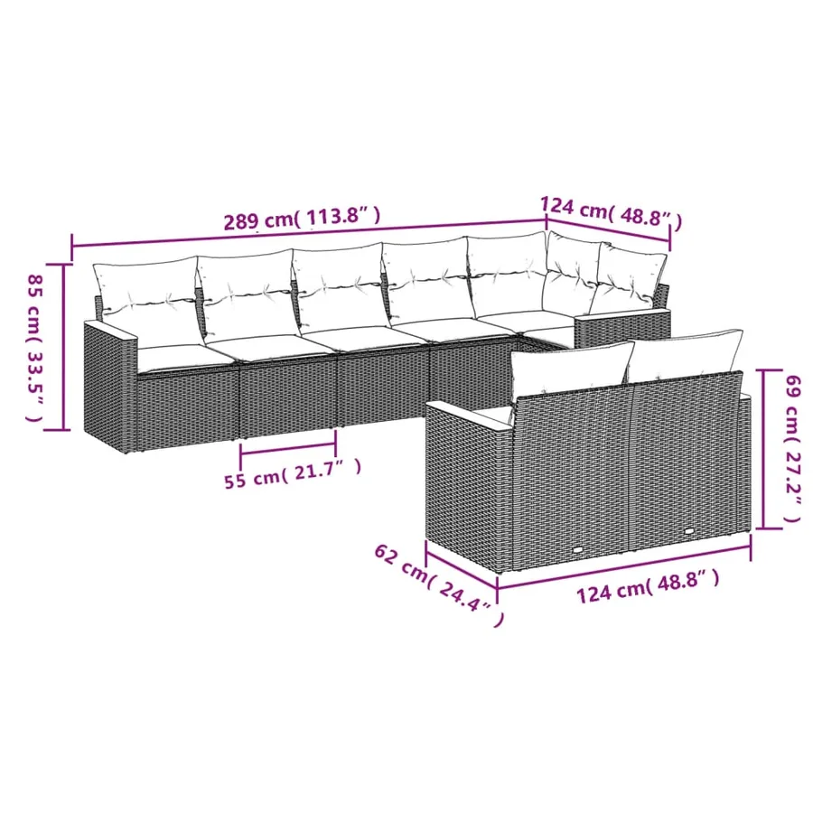 Salon de jardin 8 pcs avec coussins gris résine tressée - 7