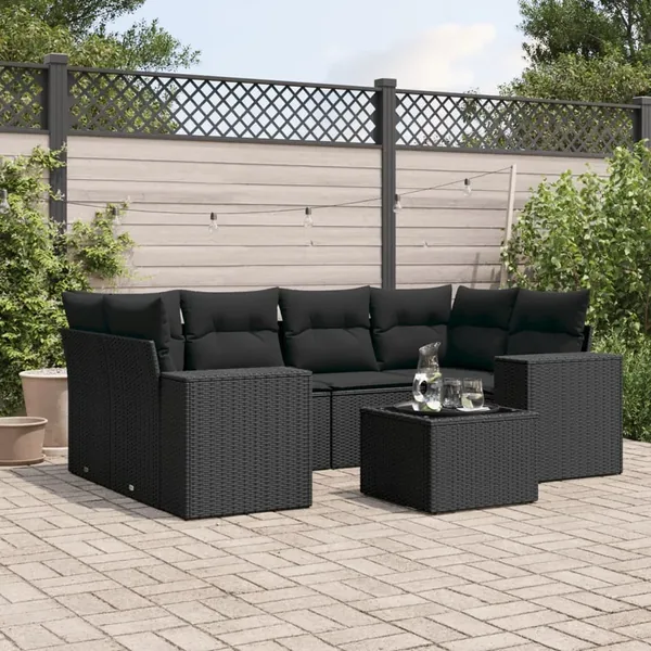 Salon de jardin 7 pcs avec coussins noir résine tressée 62 x 62 x 69 cm - 65,8 kg