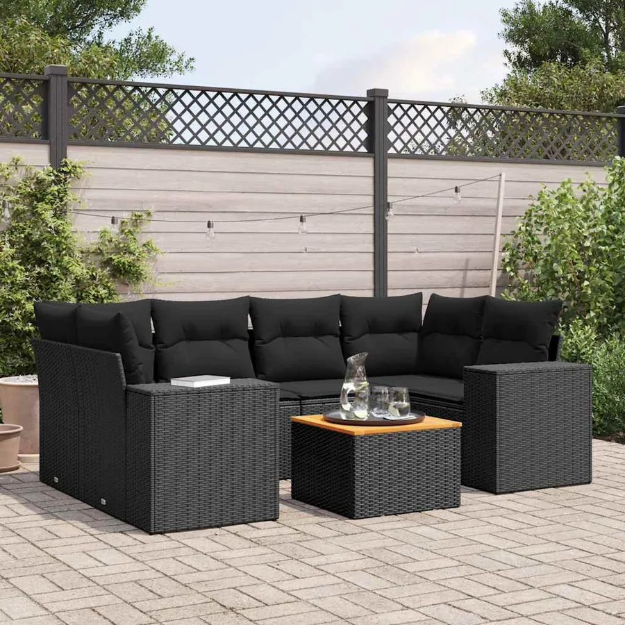 Salon de jardin 7 pcs avec coussins noir résine tressée 62 x 62 x 69 cm - 65,0 kg