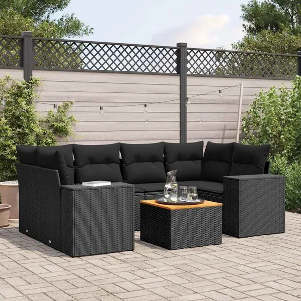 Salon de jardin 7 pcs avec coussins noir résine tressée 62 x 62 x 69 cm - 65,0 kg