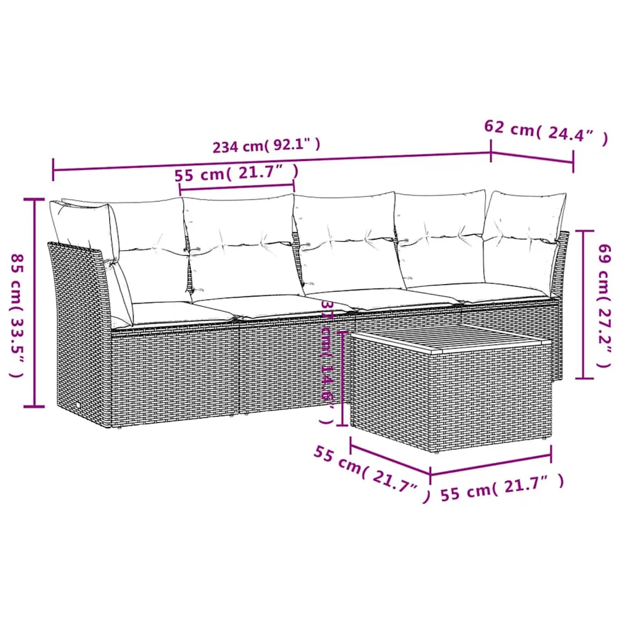 Salon de jardin 5 pcs avec coussins noir résine tressée - 10