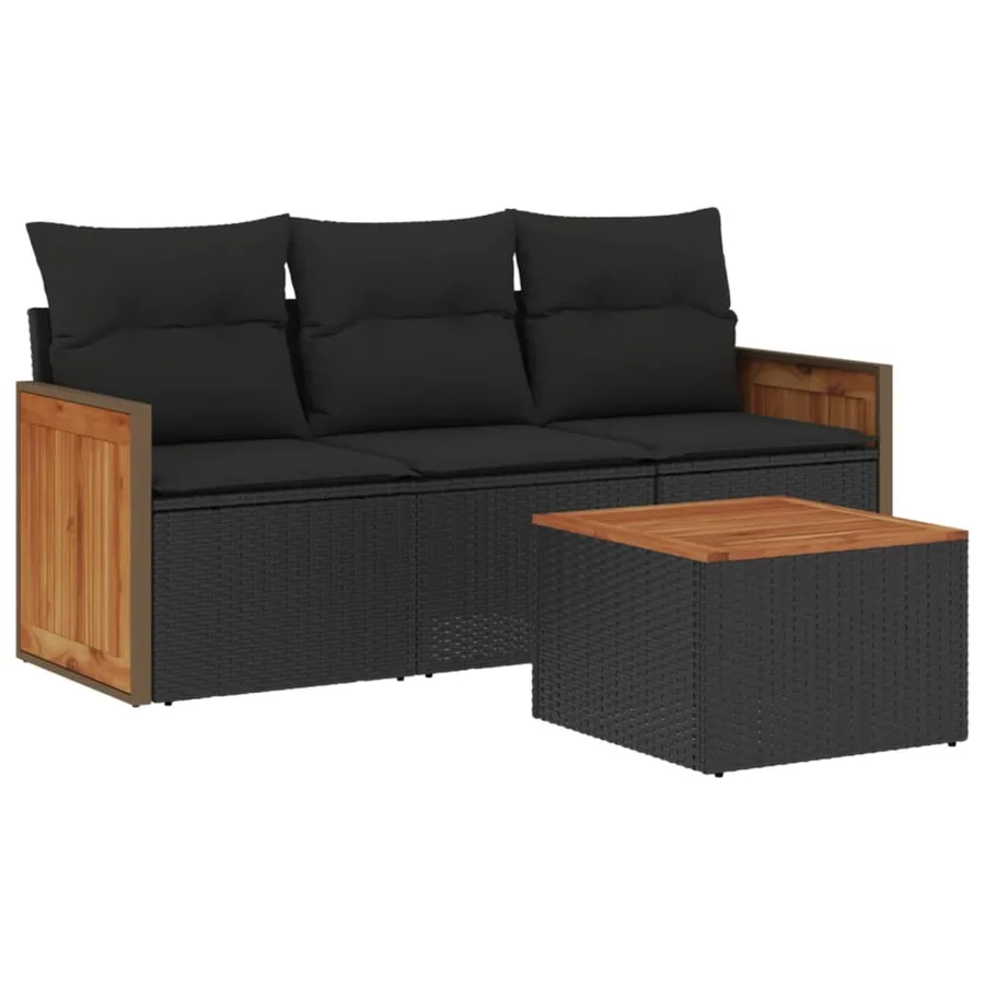 Salon de jardin 4 pcs avec coussins noir résine tressée - 2