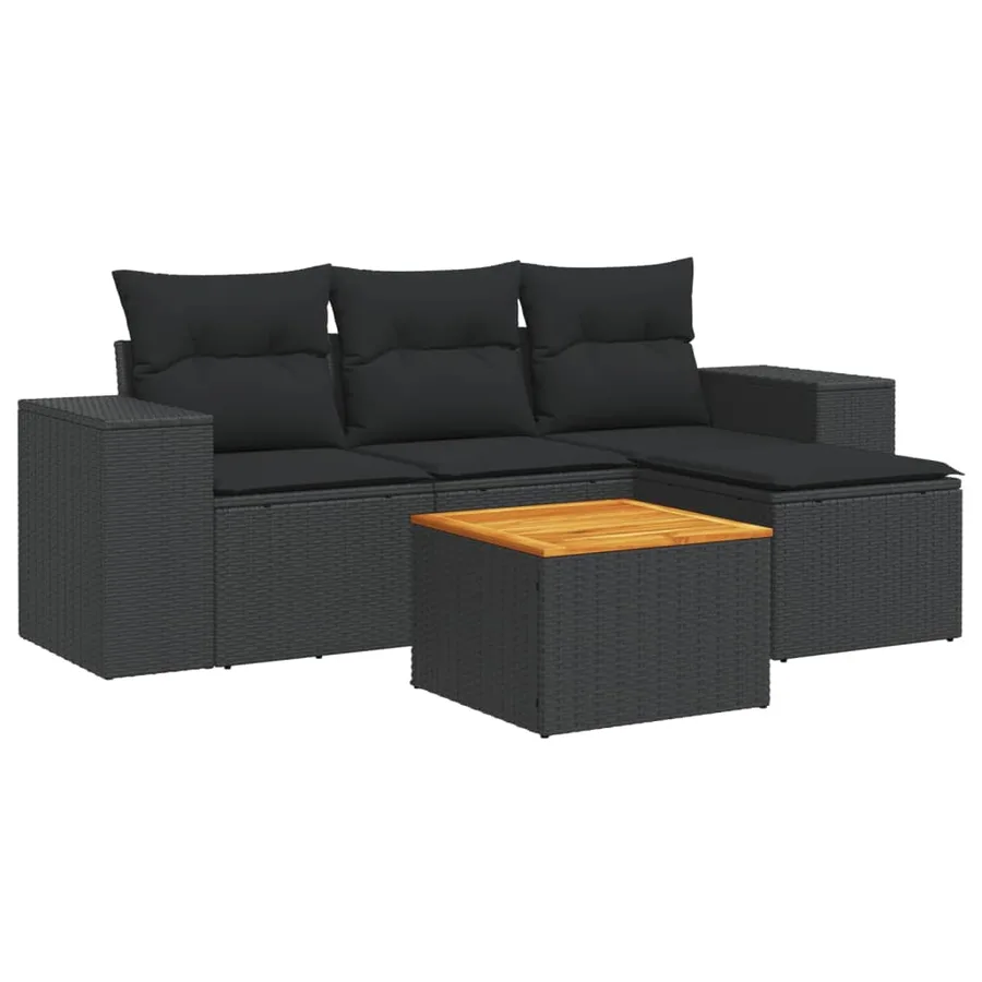 Salon de jardin 5 pcs avec coussins noir résine tressée - 2