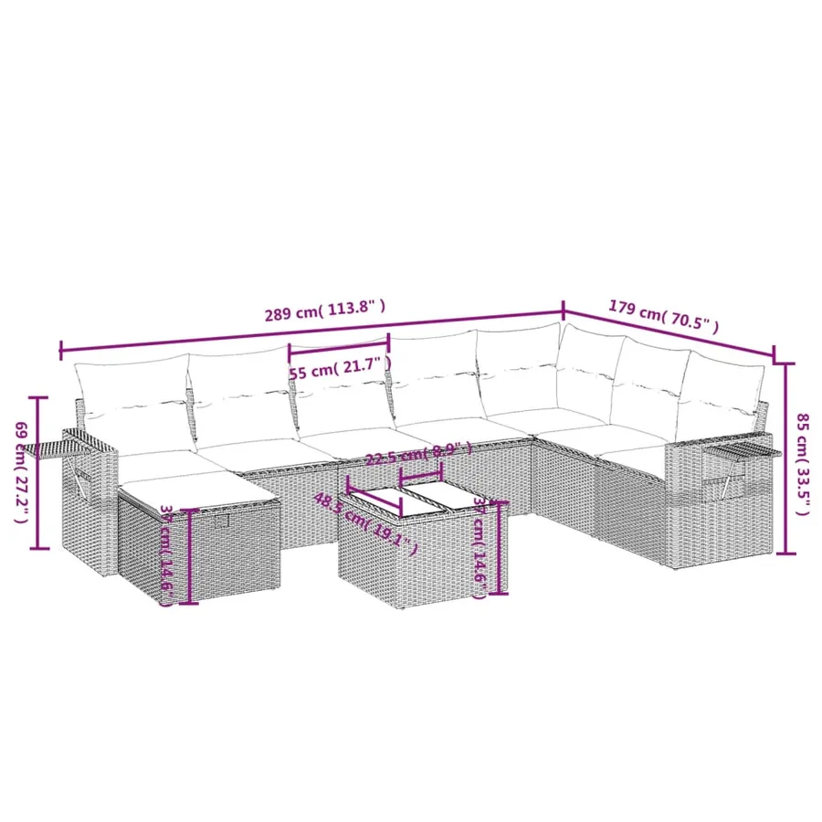 Salon de jardin avec coussins 9 pcs beige résine tressée - 4