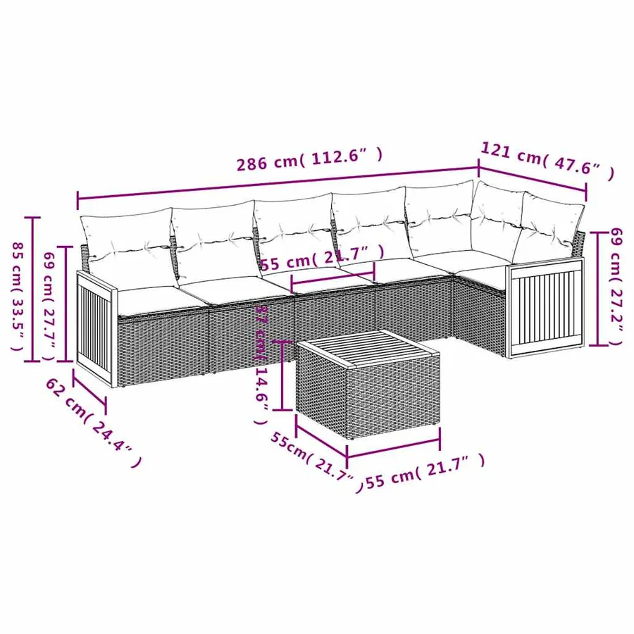 Salon de jardin 7 pcs avec coussins noir résine tressée 62 x 62 x 69 cm - 57,3 kg - 8