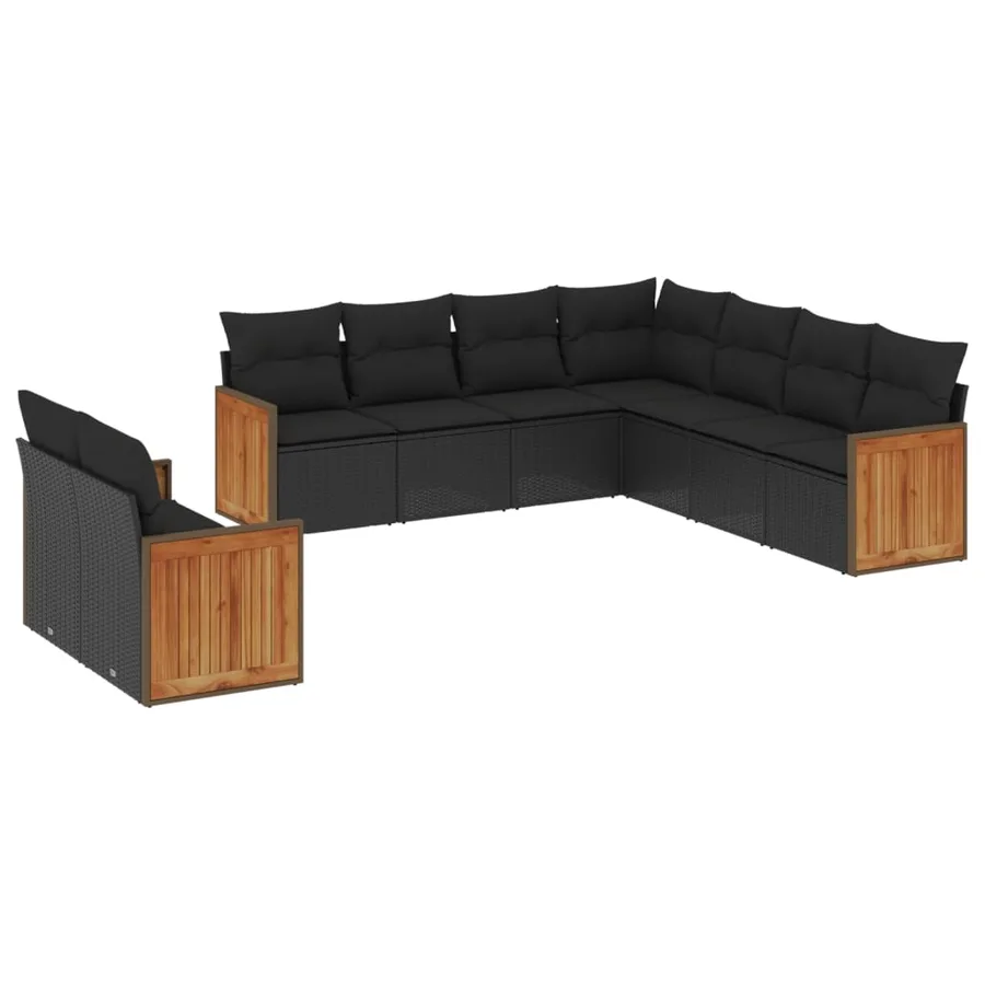 Salon de jardin 9 pcs avec coussins noir résine tressée - 2