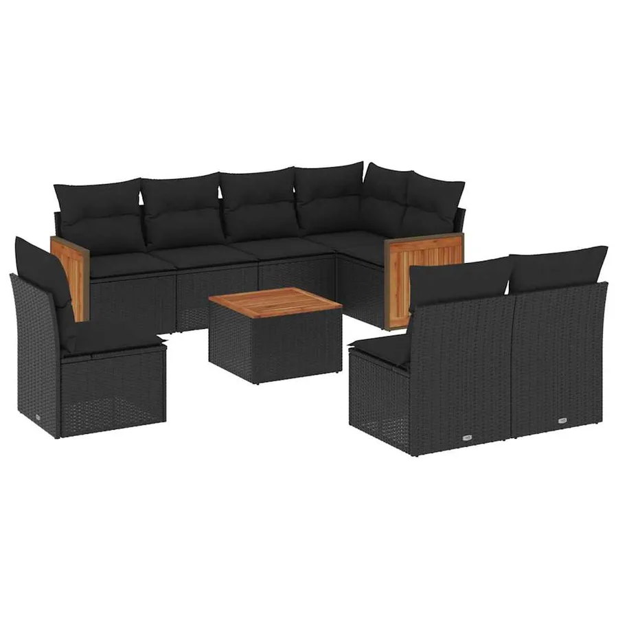 Salon de jardin 9 pcs avec coussins noir résine tressée - 2