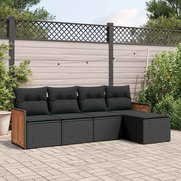 Salon de jardin 5 pcs avec coussins noir résine tressée