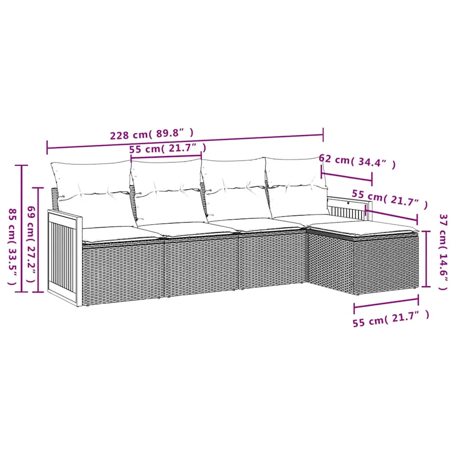 Salon de jardin 5 pcs avec coussins noir résine tressée - 7