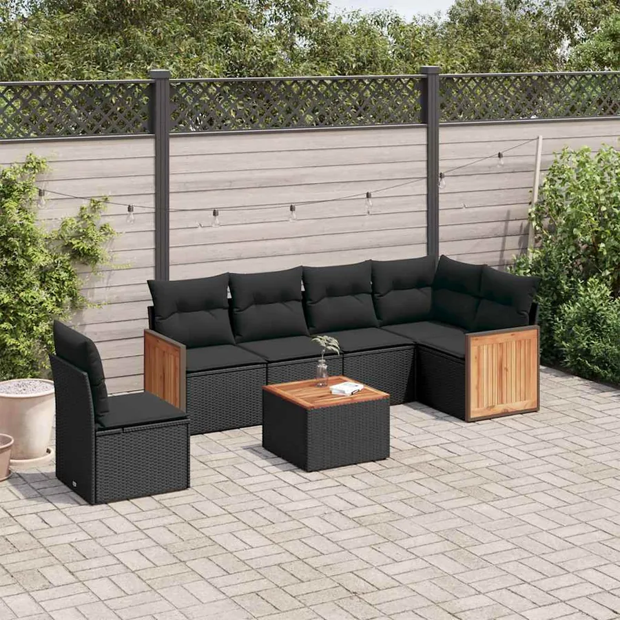Salon de jardin 7 pcs avec coussins noir résine tressée 62 x 62 x 69 cm - 57,3 kg