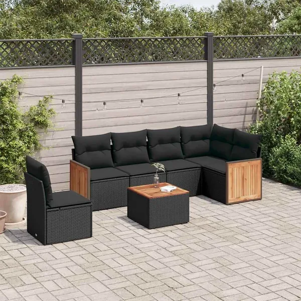 Salon de jardin 7 pcs avec coussins noir résine tressée 62 x 62 x 69 cm - 57,3 kg