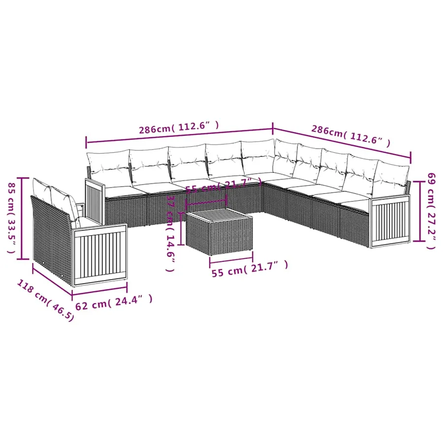 Salon de jardin 12 pcs avec coussins noir résine tressée - 8