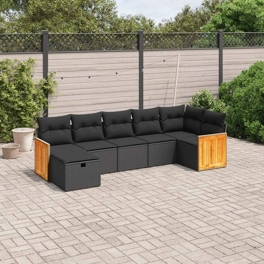 Salon de jardin 7 pcs avec coussins noir résine tressée 62 x 62 x 69 cm - 56,7 kg