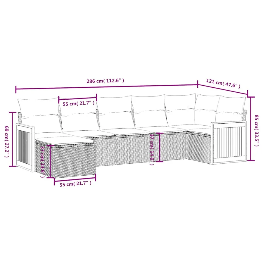 Salon de jardin 7 pcs avec coussins noir résine tressée 62 x 62 x 69 cm - 56,7 kg - 4