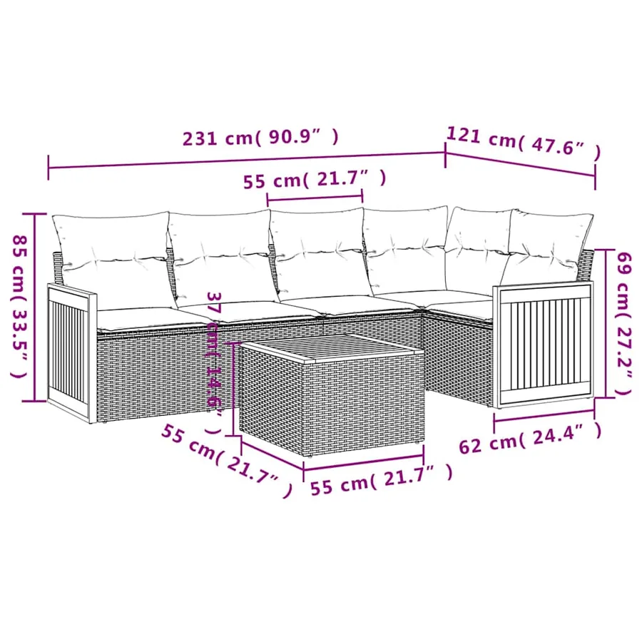 Salon de jardin 6 pcs avec coussins noir résine tressée - 8