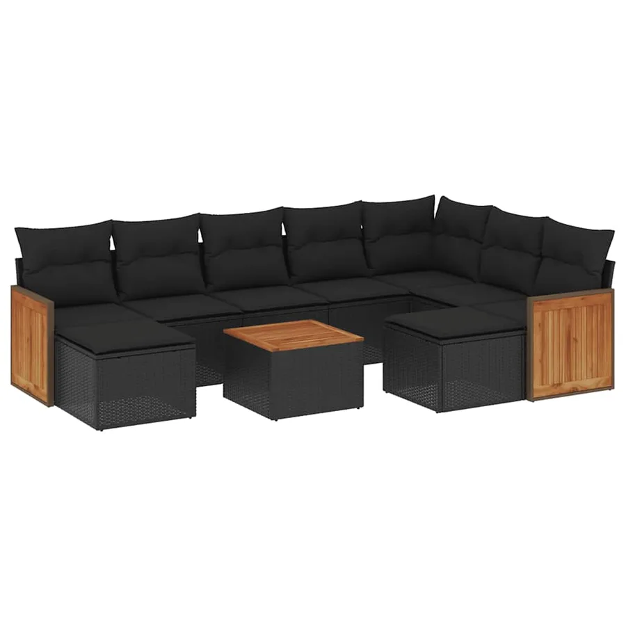 Salon de jardin 10 pcs avec coussins noir résine tressée - 2