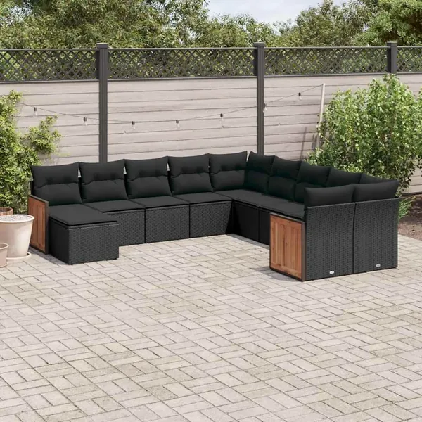 Salon de jardin 11 pcs avec coussins noir résine tressée