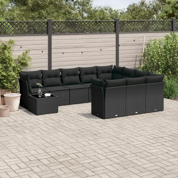Salon de jardin 11 pcs avec coussins noir résine tressée