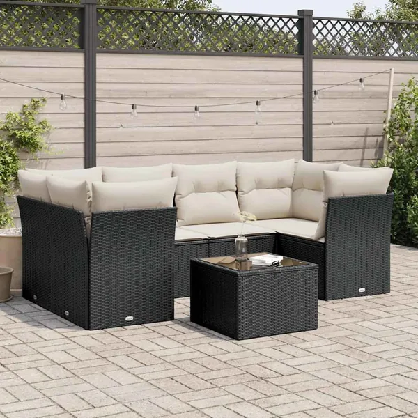 Salon de jardin 7 pcs avec coussins noir résine tressée 62 x 62 x 69 cm - 60,2 kg