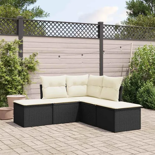 Salon de jardin 5 pcs avec coussins noir résine tressée