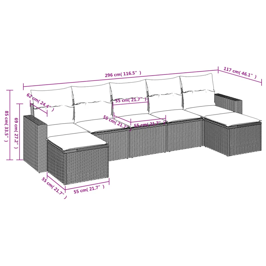 Salon de jardin 7 pcs avec coussins noir résine tressée 65,5 x 62 x 69 cm - 53,2 kg - 3