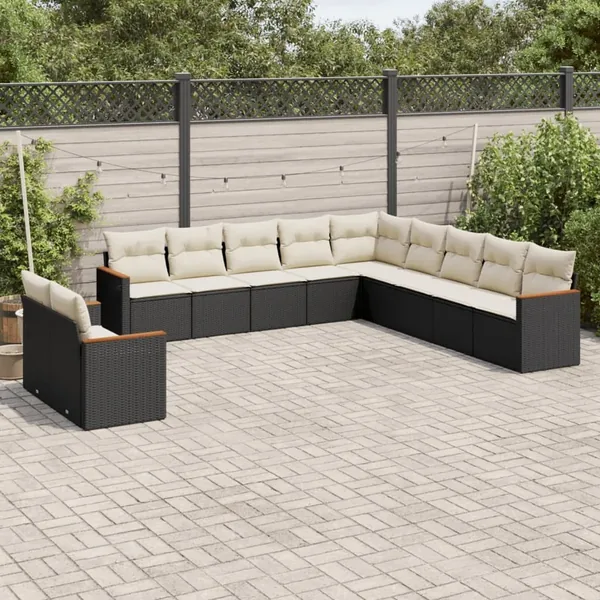 Salon de jardin 11 pcs avec coussins noir résine tressée