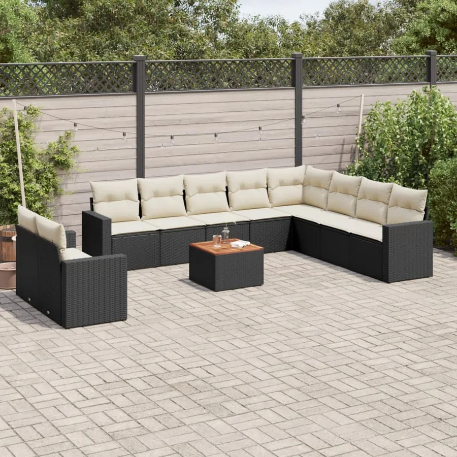 Salon de jardin 11 pcs avec coussins noir résine tressée
