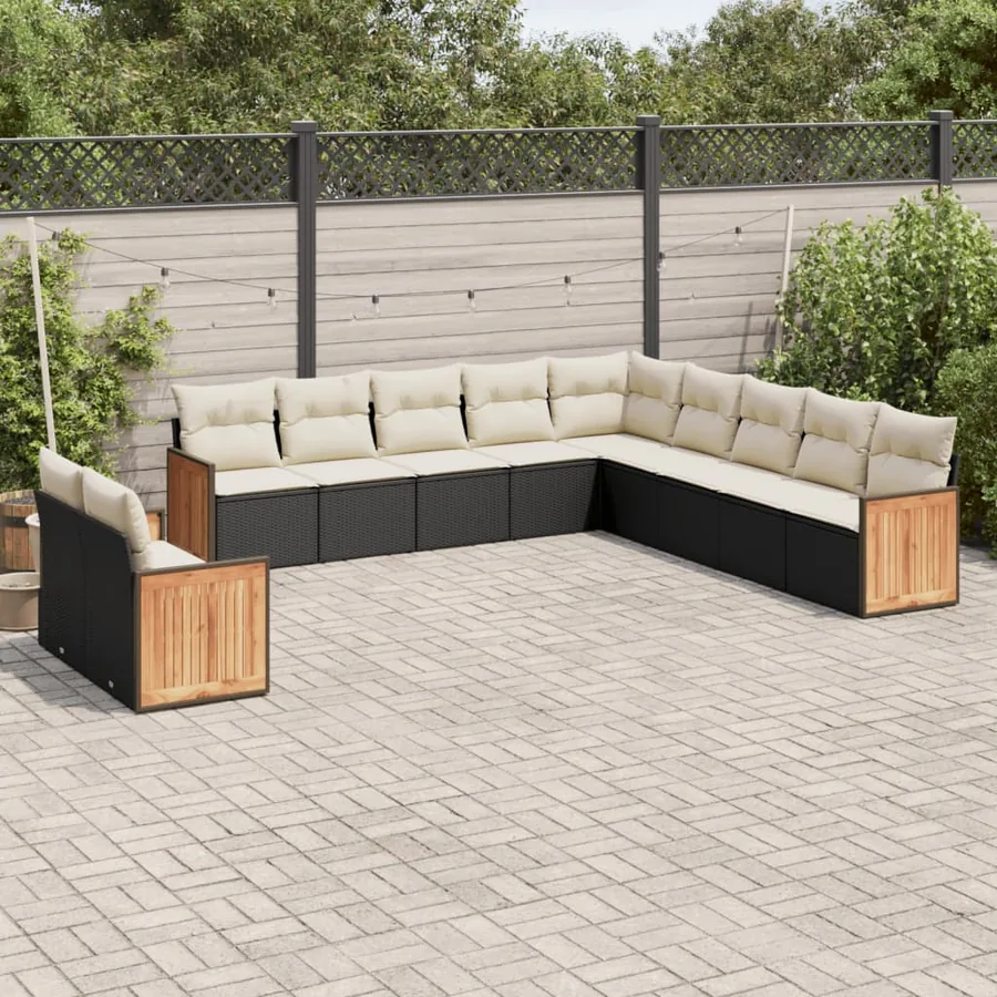Salon de jardin 11 pcs avec coussins noir résine tressée