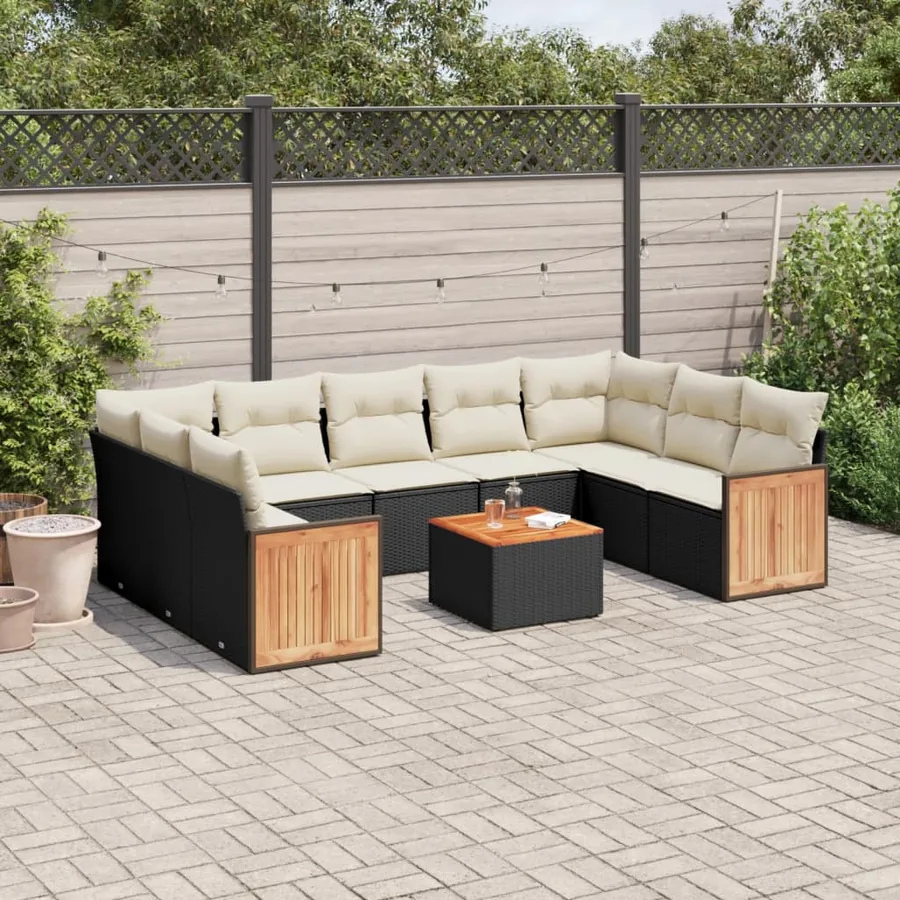 Salon de jardin 10 pcs avec coussins noir résine tressée