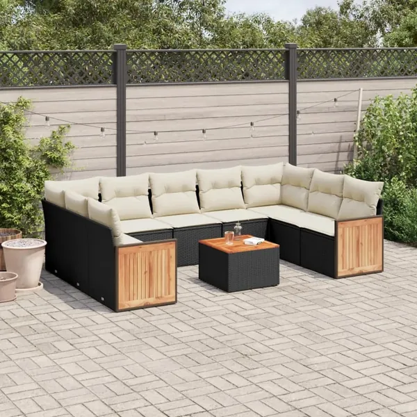 Salon de jardin 10 pcs avec coussins noir résine tressée