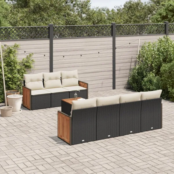 Salon de jardin 8 pcs avec coussins noir résine tressée