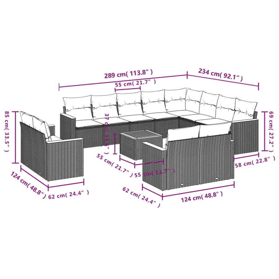 Salon de jardin avec coussins 13 pcs noir résine tressée - 8